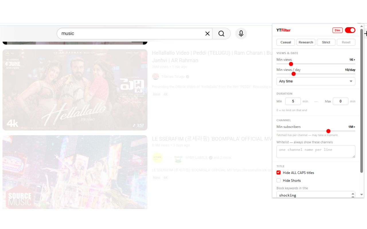 YTFilter in action